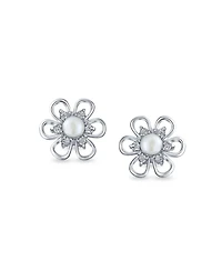 Bling Jewelry Freshwater Cultured Pearl Daisy Flower Stud Earrings .925 Sterling Silver