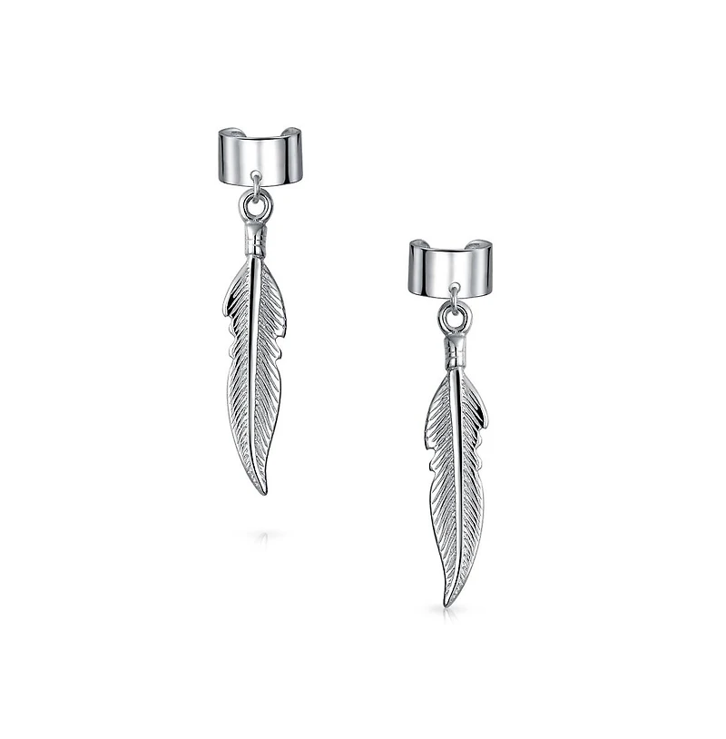 Bling Jewelry Feather Ear Lobe Earrings Dangling Leaf Cartilage Cuff Earrings .925 Sterling Silver