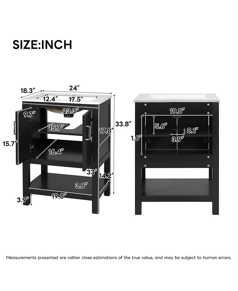 Sillysis 24 Inch Bathroom Vanity with Sink, Modern Solid Wood Mdf Cabinet, Adjustable Shelf and Soft Close Doors, Space Saving Design