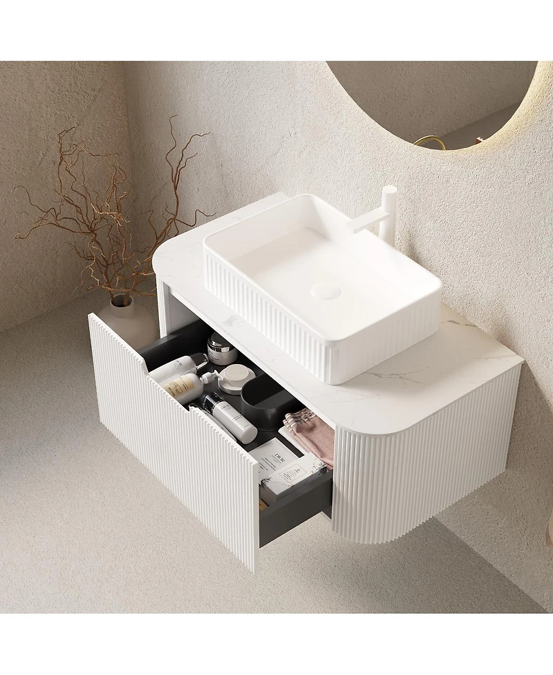 Sillysis Wall Mounted Bathroom Vanity with Rectangular Ceramic Basin, Sintered Stone Top, Stripe Panel, Pre-assembled