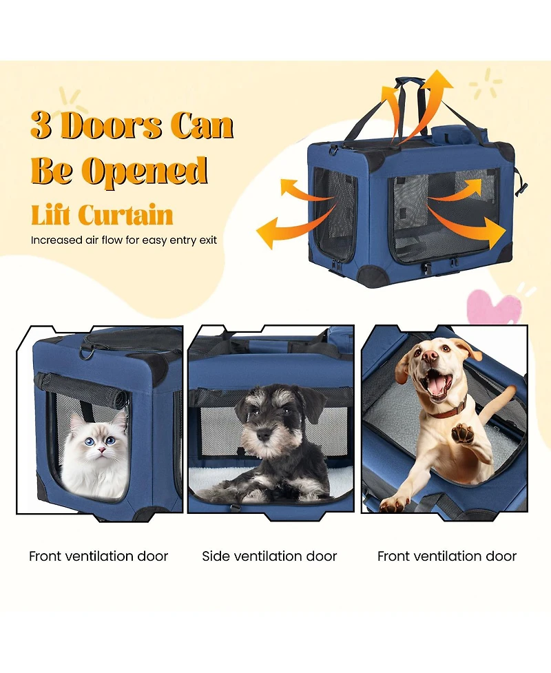 Streamdale Furniture 32'' Portable 3-Door Soft Dog Crate with Mesh Windows and Fleece Mat