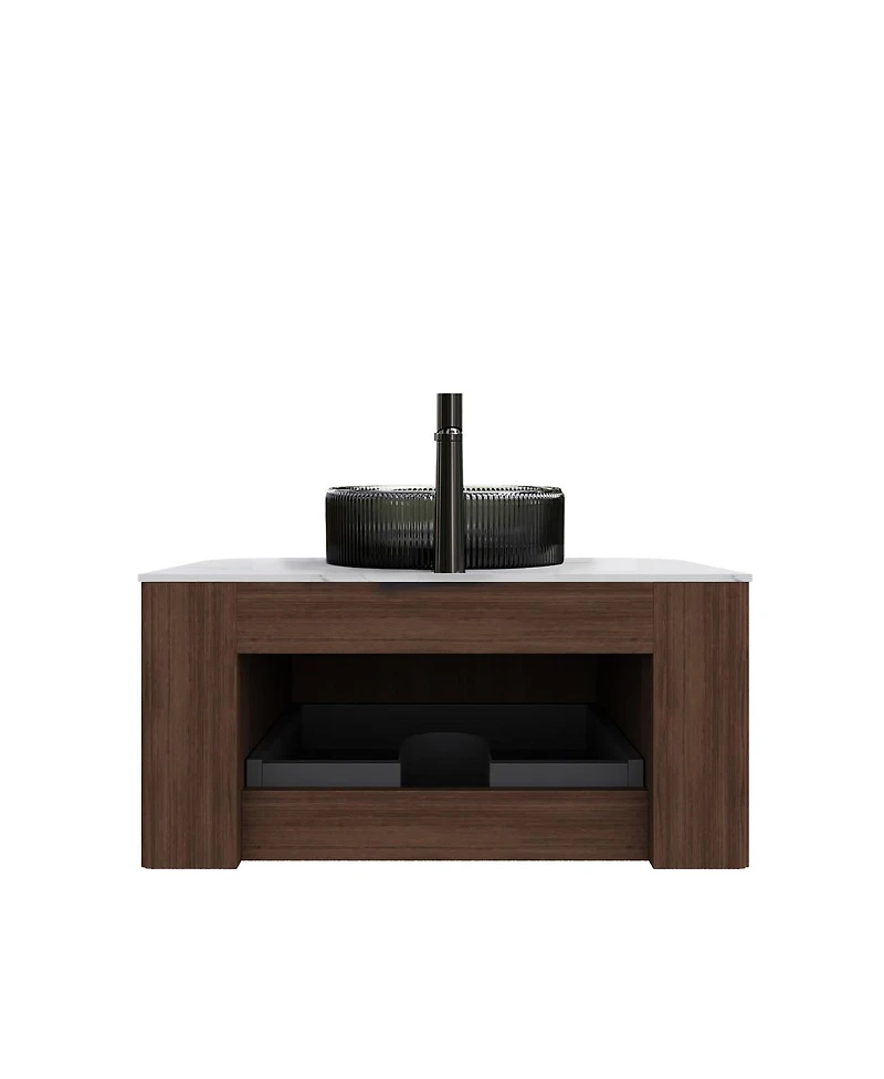 Sillysis Wall Mounted Bathroom Vanity with Crystal Glass Vessel Sink, Wood Grain Cabinet