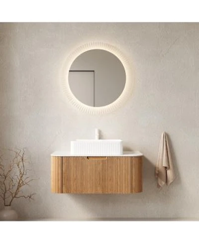 Sillysis Wall Mounted Bathroom Vanity With Rectangular Ceramic Sink Modern Wood Grain Cabinet Soft Close Drawer Pre Assembled