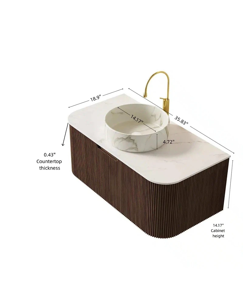 Sillysis Wall Mounted Bathroom Vanity with Sintered Stone Top, Round Ceramic Basin, Stripe Drawer