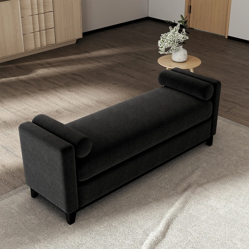 Streamdale Furniture 66.34" Sherpa Upholstered Bench with Solid Wood Legs and 2 Bolster Pillows