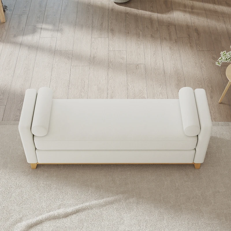 Streamdale Furniture 66.34" Sherpa Fleece Upholstered Bench with Wood Legs and 2 Bolster Pillows