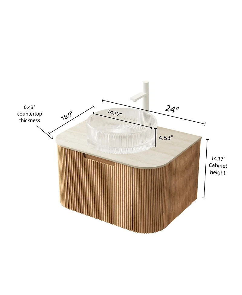 Sillysis Wall Mounted Bathroom Vanity with Crystal Glass Round Sink, Wood Grain Cabinet, Sintered Stone Top