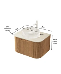 Sillysis Wall Mounted Bathroom Vanity with Crystal Glass Round Sink, Wood Grain Cabinet, Sintered Stone Top