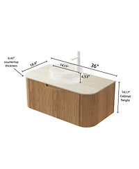 Sillysis Wall Mounted Bathroom Vanity with Crystal Glass Round Sink, Wood Grain Cabinet, Sintered Stone Top