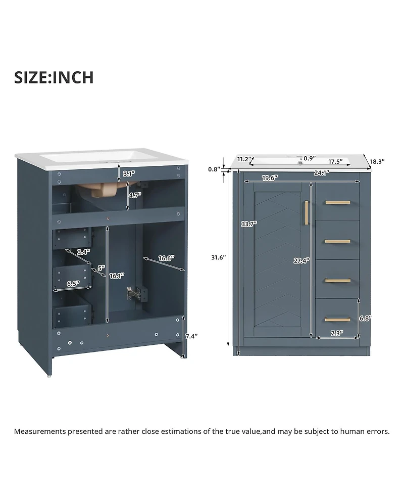 Sillysis 24 Inch Modern Bathroom Vanity with Sink, Solid Wood Mdf Cabinet 3 Soft Close Drawers, Space-Saving Storage