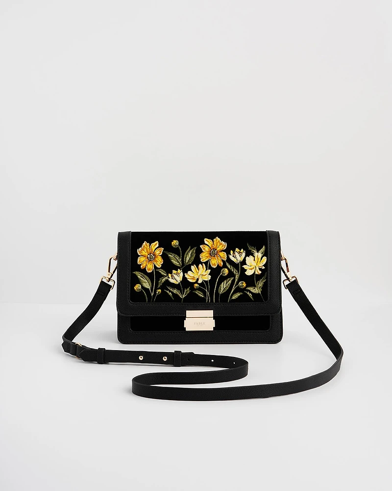Fable England Women's Botanical Velvet Embroidered Foldover Bag
