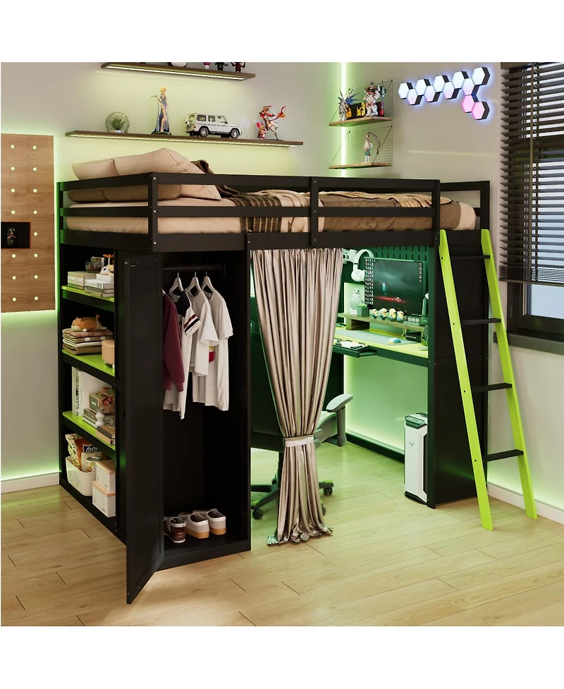 Streamdale Furniture Wood Loft Bed with Wardrobe, Shelves, Curtains and Rgb Lights