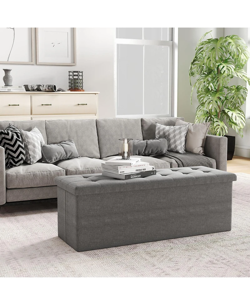 Slickblue End of Bed Folding Ottoman Bench with Linen Upholstery and Hidden Storage