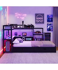 Streamdale Furniture Gaming Daybed with Desk, Led Lights, Storage Drawers and Charging Station