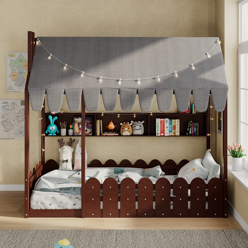 Streamdale Furniture Montessori House Bed with Fence, Storage Shelves and Lights