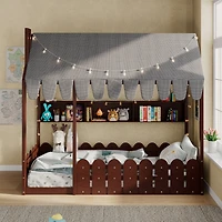 Streamdale Furniture Montessori House Bed with Fence, Storage Shelves and Lights