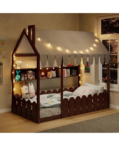 Streamdale Furniture Montessori House Bed with Fence, Storage Shelves and Lights