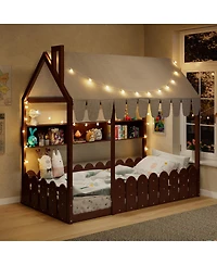 Streamdale Furniture Montessori House Bed with Fence, Storage Shelves and Lights