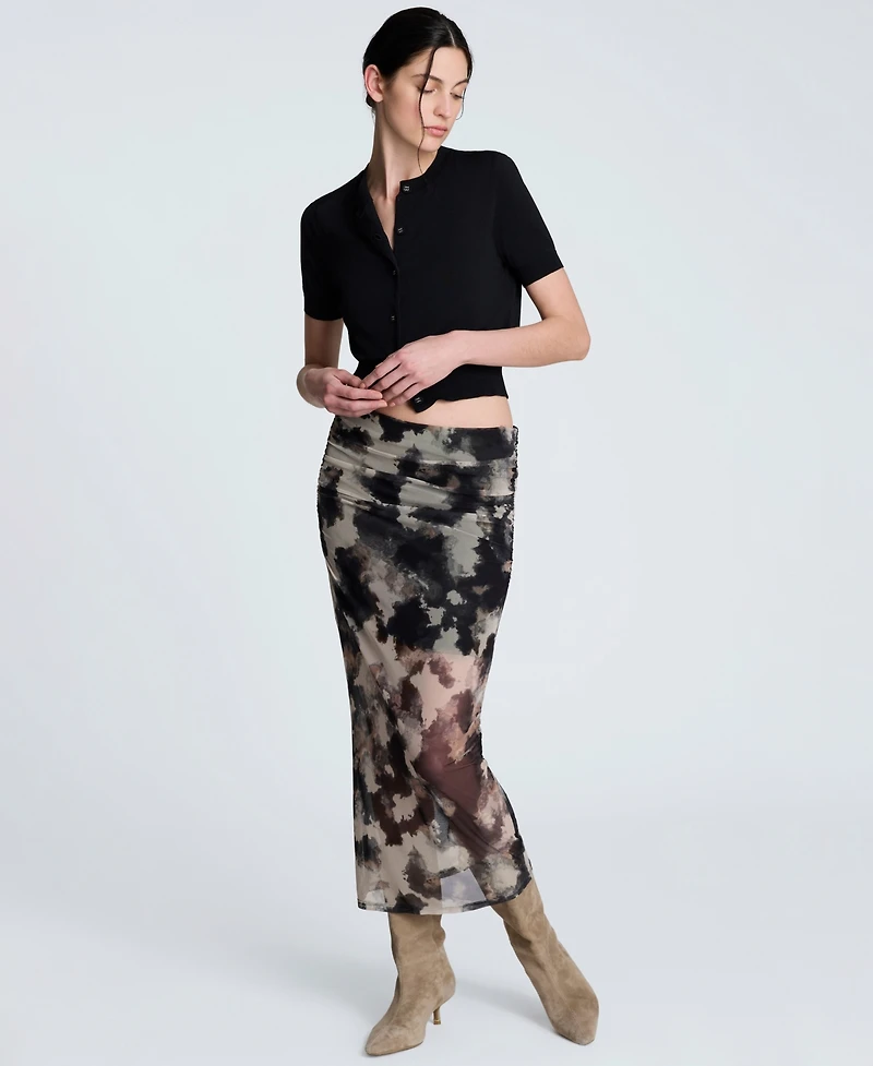 Kenneth Cole Women's Side Ruched Printed Mesh Midi Skirt