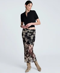 Kenneth Cole Women's Side Ruched Printed Mesh Midi Skirt
