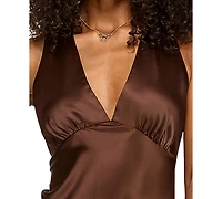 Emerald Sundae Juniors' V-Neck A-Line Satin Midi Dress