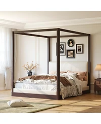 Streamdale Furniture Queen Canopy Platform Bed with Upholstered Headboard, Espresso/White