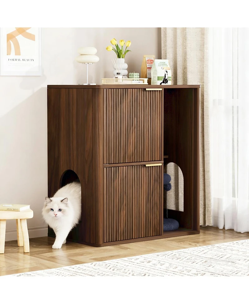 Streamdale Furniture 31.5" Walnut Cat Litter Cabinet with Cat Tree and Storage Shelves
