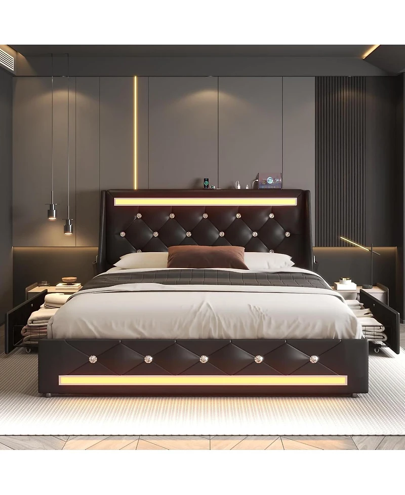 Streamdale Furniture Full Size Upholstered Wingback Bed Frame with Storage, Led and Charging Station