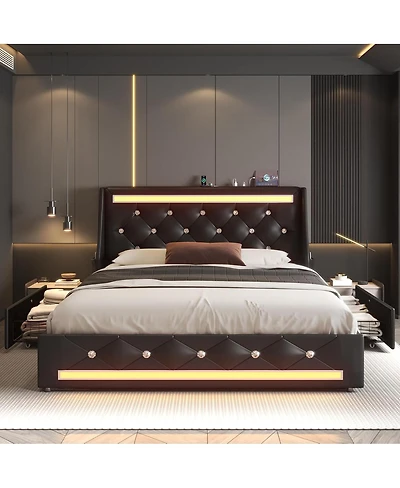 Streamdale Furniture Full Size Upholstered Wingback Bed Frame with Storage, Led and Charging Station