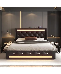 Streamdale Furniture Full Size Upholstered Wingback Bed Frame with Storage, Led and Charging Station
