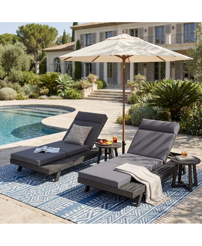 Streamdale Furniture Acacia Wood Lounge Chaise Set with Water-Resistant Cushions
