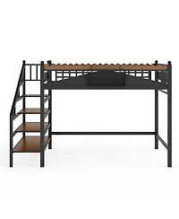 Streamdale Furniture Queen Size Metal Loft Bed with Storage Stairs and Bookshelf