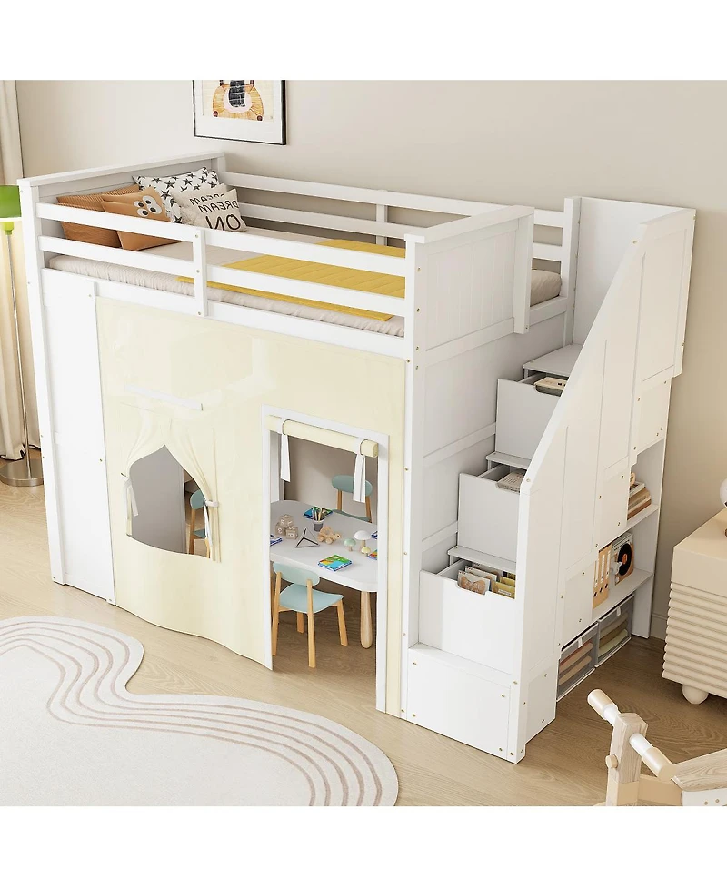 Streamdale Furniture Twin Loft Bed with Desk, Lockers, Drawers, Storage Stairs, and Curtain