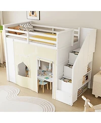 Streamdale Furniture Twin Loft Bed with Desk, Lockers, Drawers, Storage Stairs, and Curtain