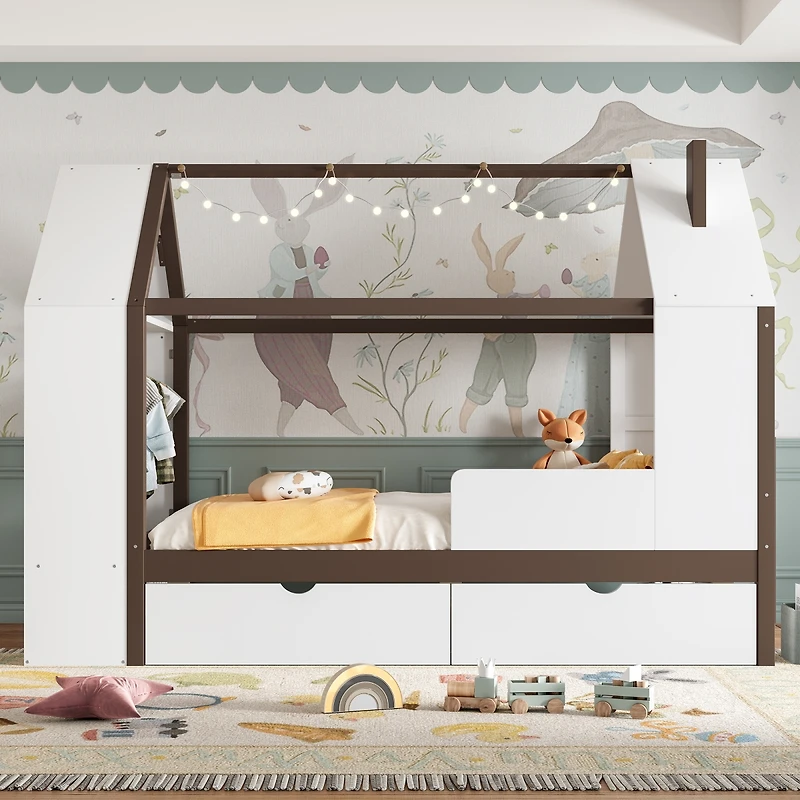 Streamdale Furniture Twin Size House Platform Bed with Drawers and Shelves