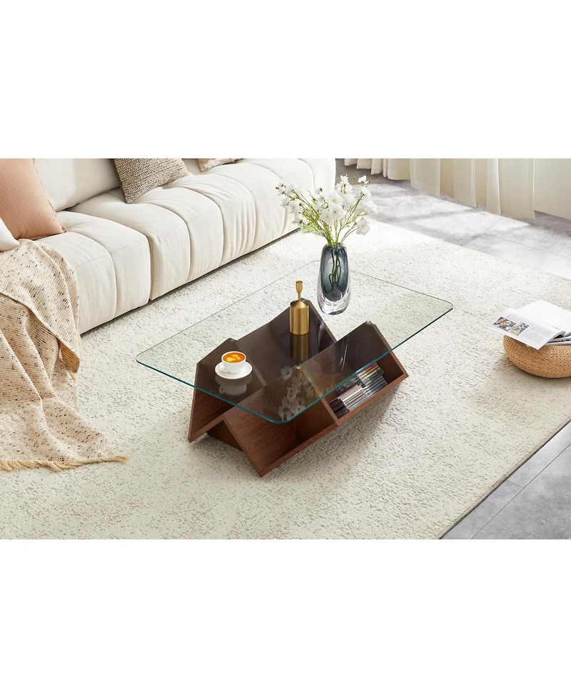 Rainsken 43.5" Glass Coffee Table with Tempered Top and Wood Base, Multi-Storage Open Compartments for Living Room Office