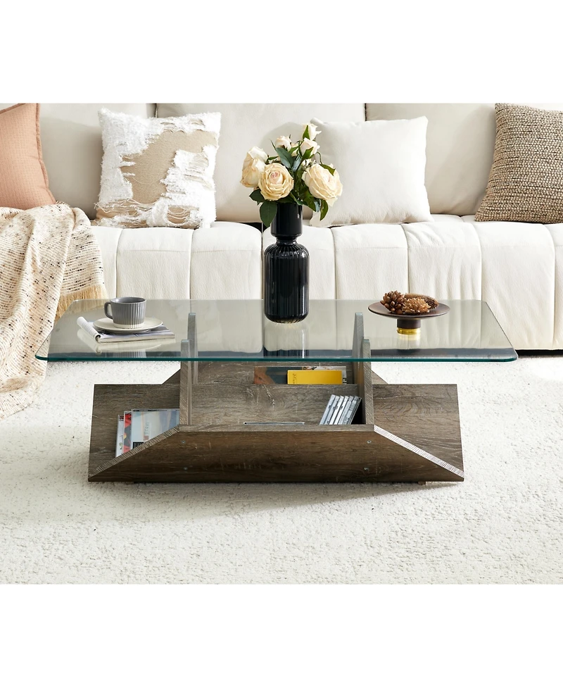 Rainsken 43.5" Glass Coffee Table with Tempered Glass Top and Wood Base, Multi-Storage Open Compartments Coffee Table for Living Room Office