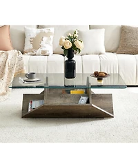 Rainsken 43.5" Glass Coffee Table with Tempered Glass Top and Wood Base, Multi-Storage Open Compartments Coffee Table for Living Room Office