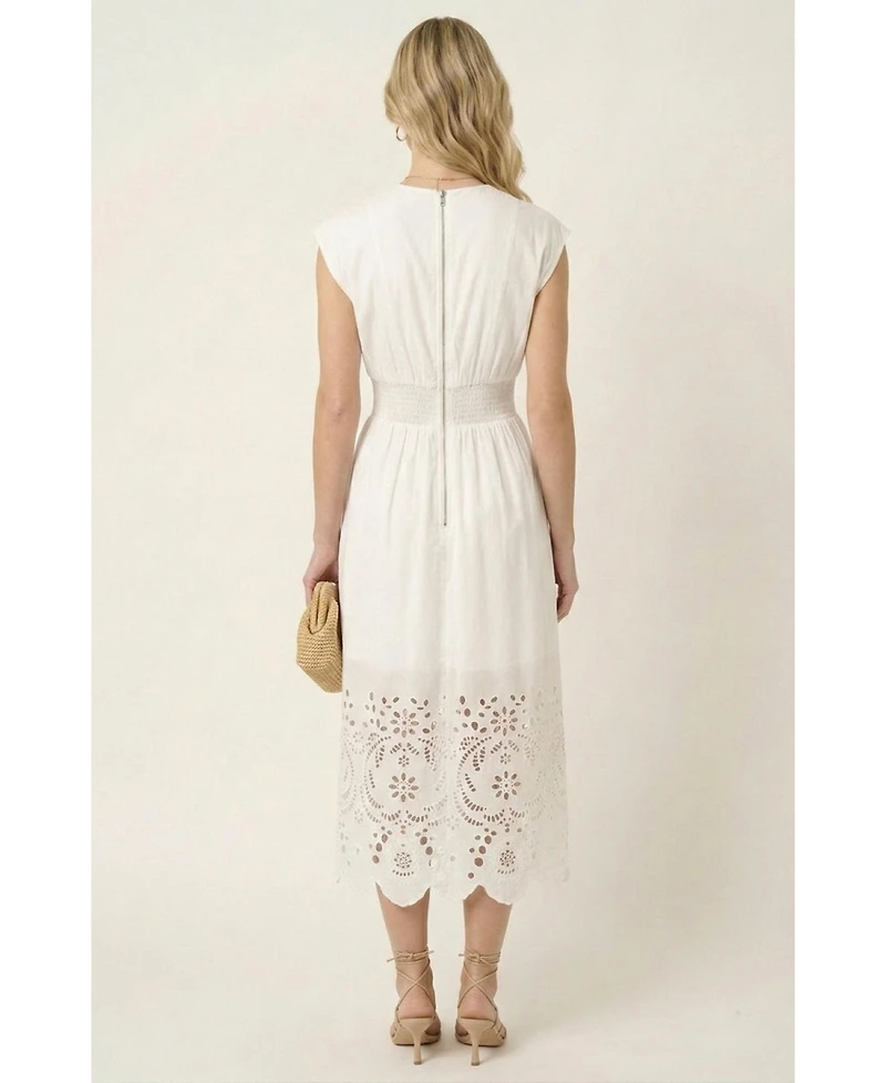 Modenaire Women's Cap-Sleeve Smocked-Waist Eyelet-Hem Dress