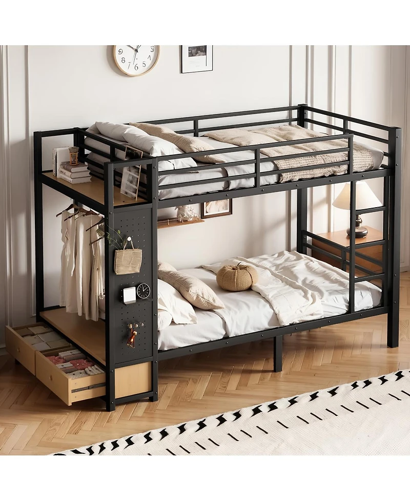 Streamdale Furniture Twin Xl Twin Xl Metal Bunk Bed with Storage, Drawers, and Pegboard