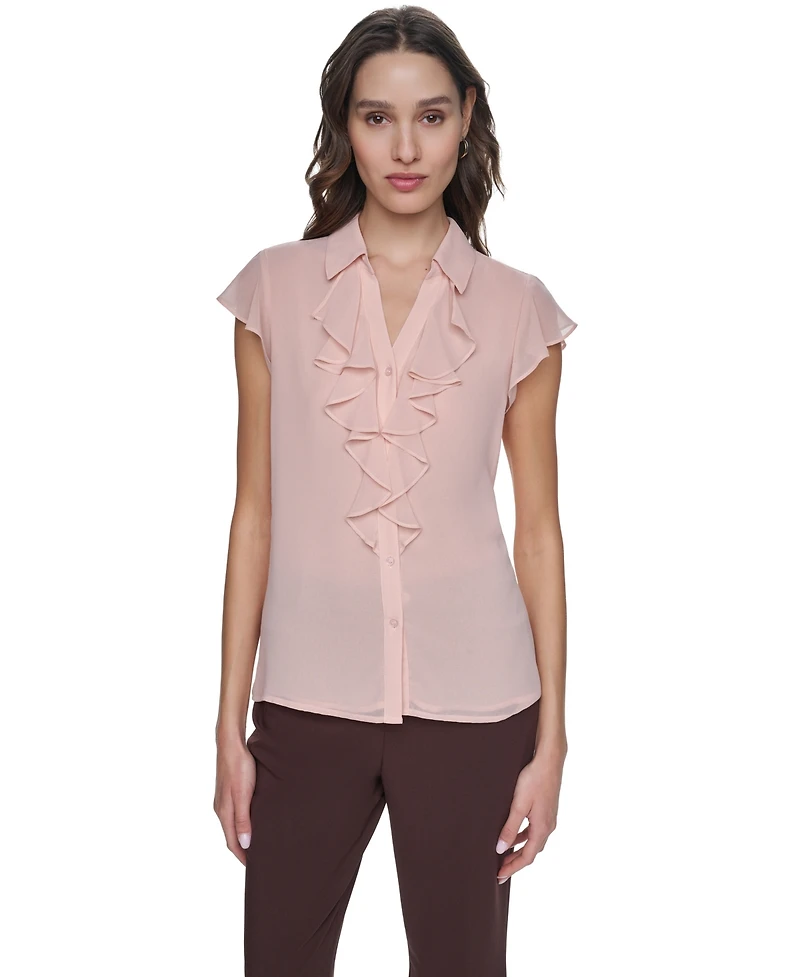 Calvin Klein Petite Collared Ruffle-Front Top