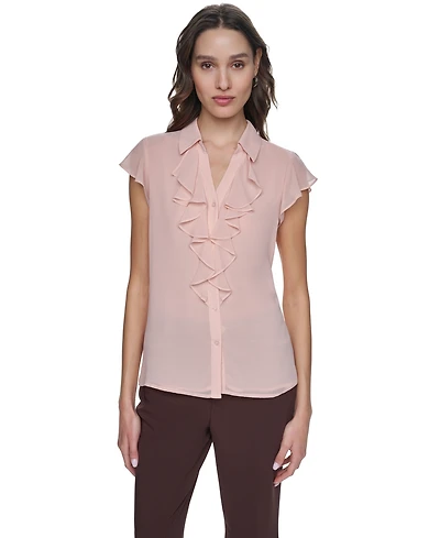Calvin Klein Petite Collared Ruffle-Front Top