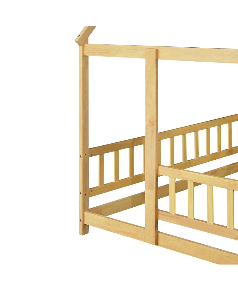 Streamdale Furniture Full Size House Floor Wooden Bed with Roof Frame, Safety Guardrails