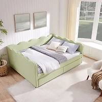 Streamdale Furniture Queen Size Gingham Daybed with Storage Drawers, Usb Port and Wave Headboard