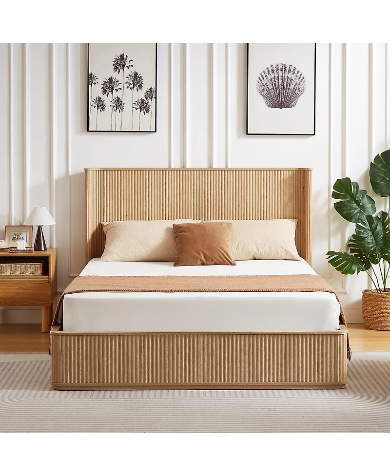 Streamdale Furniture Oak Corrugated Wave Queen Platform Bed Frame, Headboard