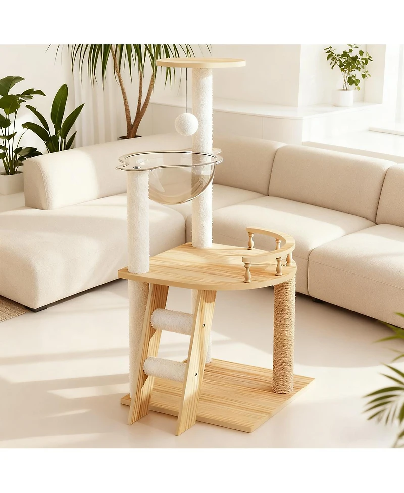 Streamdale Furniture 41.3" Modern Wood Cat Tree With Sisal Scratching Posts And Acrylic Hammock