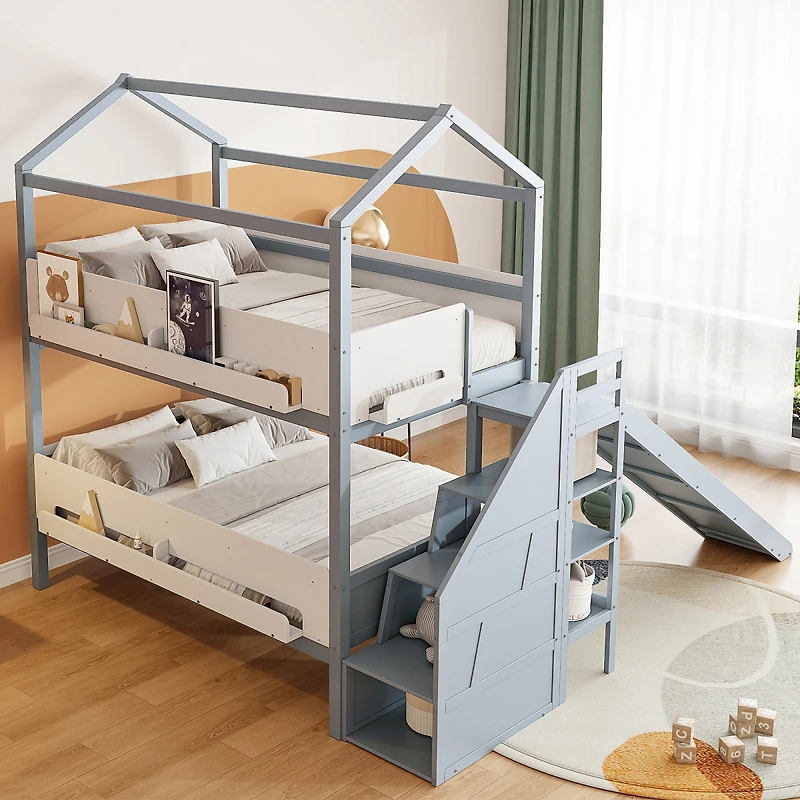 Streamdale Furniture House-Shaped Twin/Full Bunk Bed with Slide, Storage Stairs