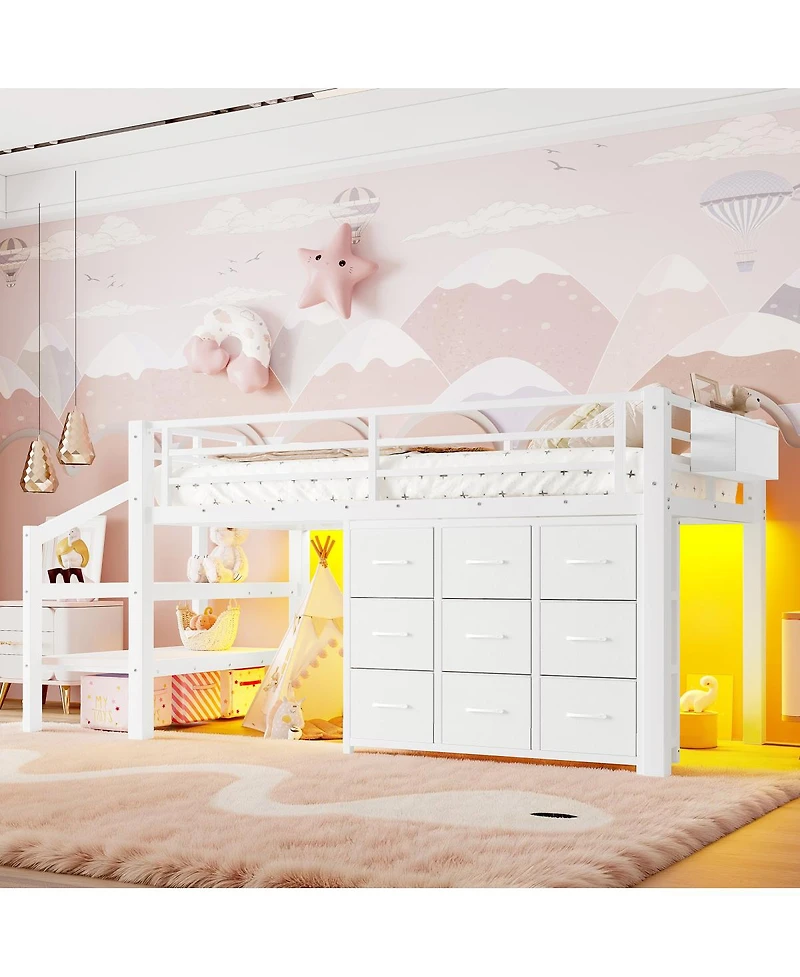 Streamdale Furniture Twin Low Loft Bed with Storage Stairs, Fabric Drawers, and Shelves