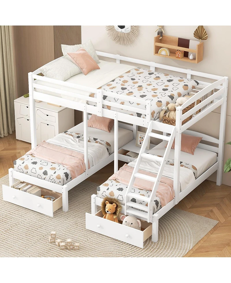 Streamdale Furniture Full over Twin and Twin Bunk Bed,Triple Bunk Bed with Drawers