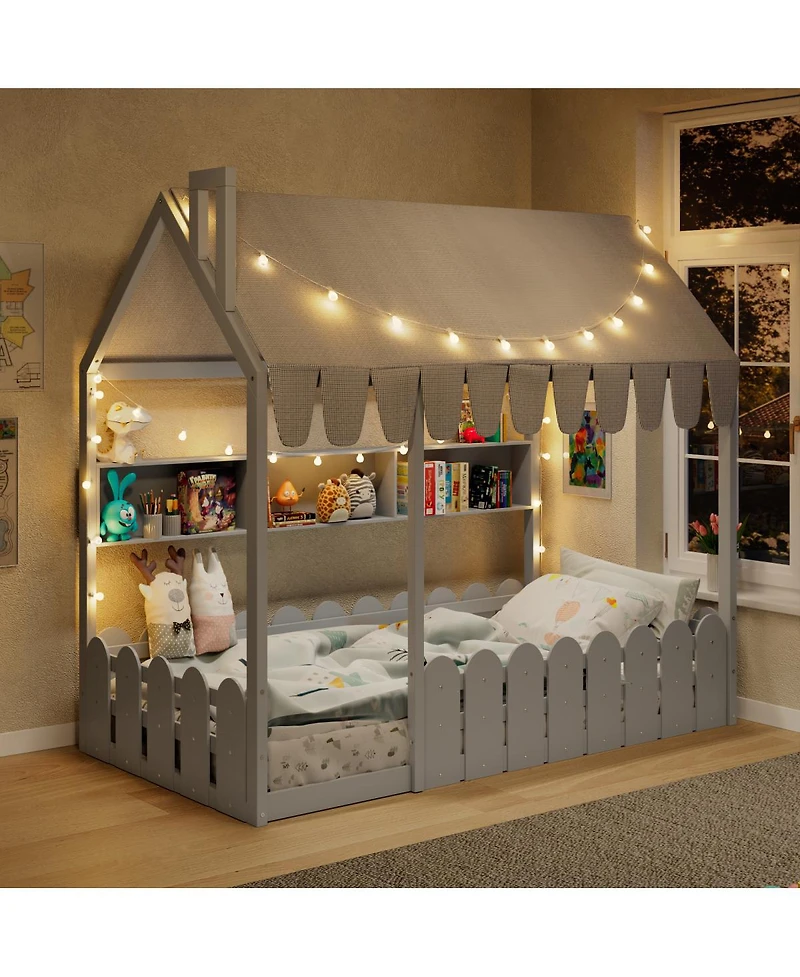 Streamdale Furniture Twin Montessori House Bed with Fence, Storage and Lights